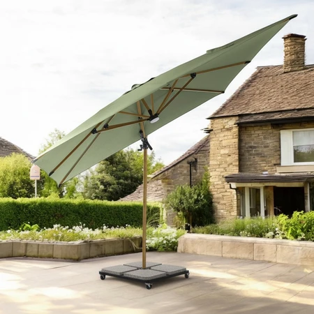 3x3m Square Cantilever Olive Wood Effect w LED + Cover +4x Granite Quads