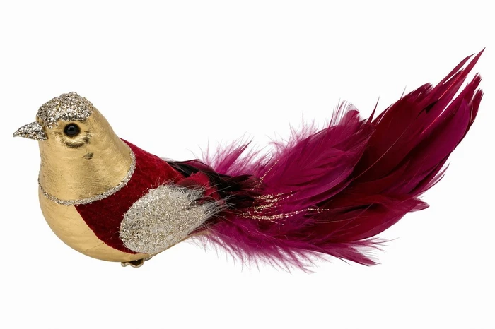 Burgundy & Gold Feather Bird Clip